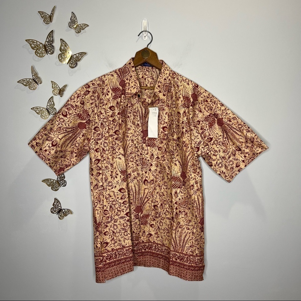 KENCANA UNGU Authentic Indonesian Batik Short Sleeve L/XL Button Up Shirt, NWT